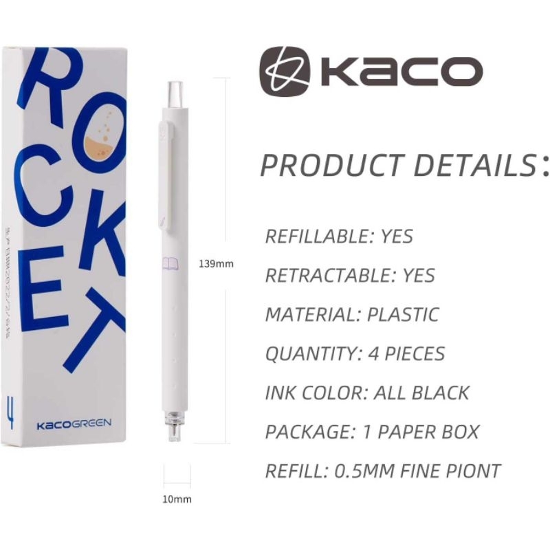 KACO GREEN ROCKET Pena Pulpen Gel 0.5mm Tinta Hitam 4 PCS - K1028