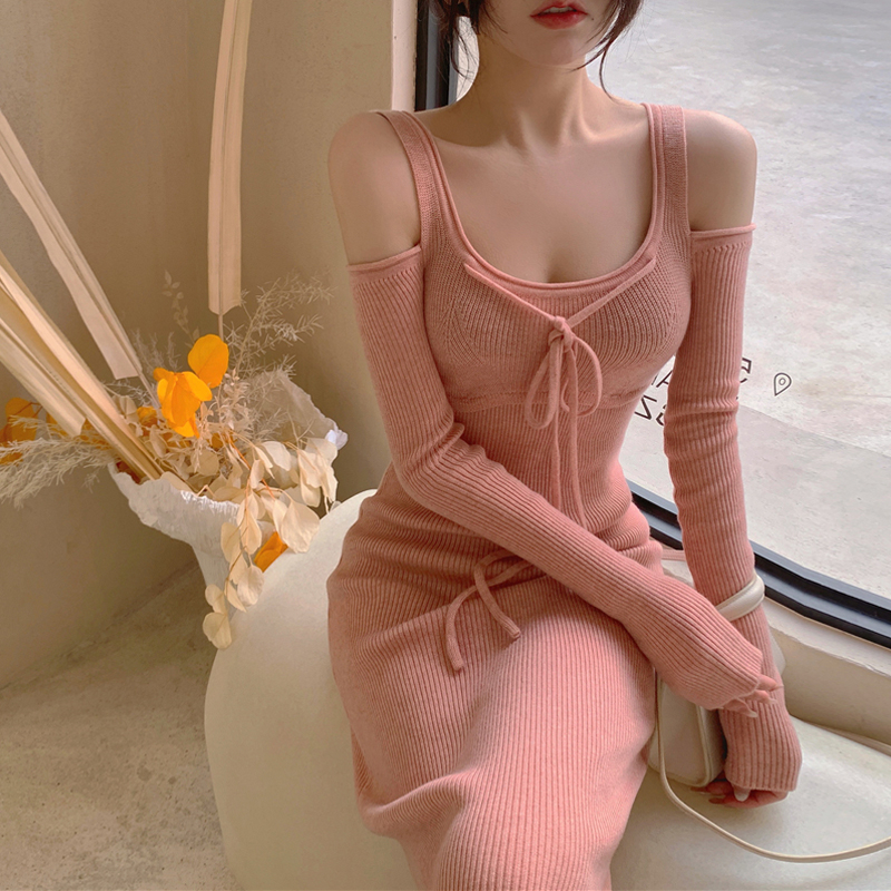 【Elegant】Solid Color Long Sleeve knit Bodycon  Dress 7549