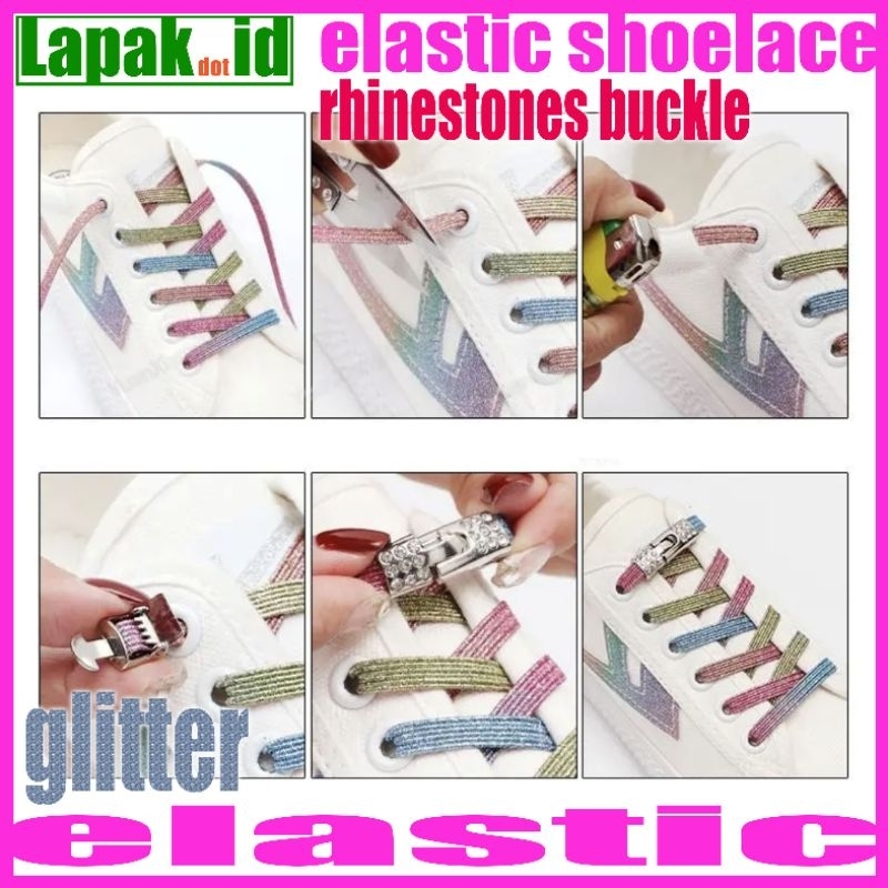 tali sepatu elastis flat glitter metal buckle lock rhinestones