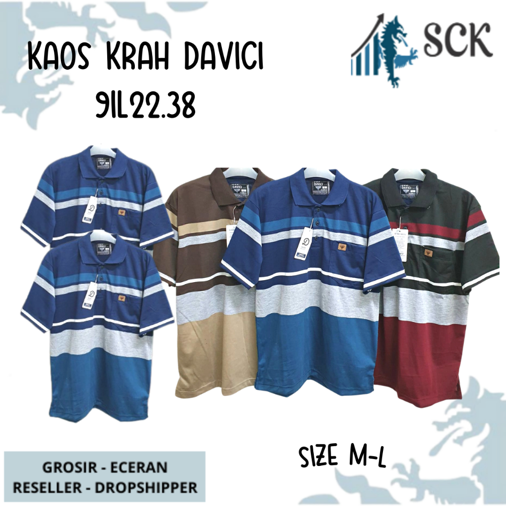 Kaos Kerah Pria DAVICI 2232 2218 2204 2238 Motif Salur Kombinasi Halus ukuran Standar / Baju Cowok Size M-L - sckmenwear GROSIR