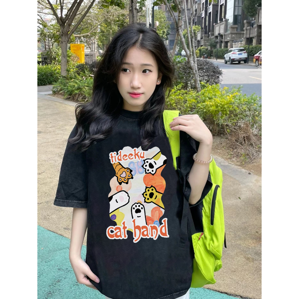 EUNII T-shirt Lengan Pendek Black Washed Cute Cat Paw Printing Korean Style/Kaos Atasan Wanita/Baju Wanita