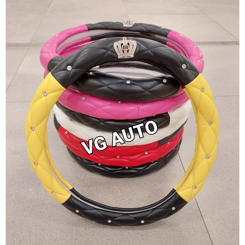 Sarung Setir Mobil DAD MAHKOTA Diameter 38cm Warna Hitam Merah Pink Putih Cover Stir Kulit Crown Aks
