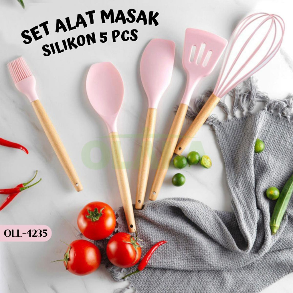 ALAT MASAK SET SPATULA SUTIL SET 5IN1 SILICONE GAGANG KAYU UTENSIL SPATULA SET MULTIFUNGSI OLL-4235/OLL-4236/OLL-4237