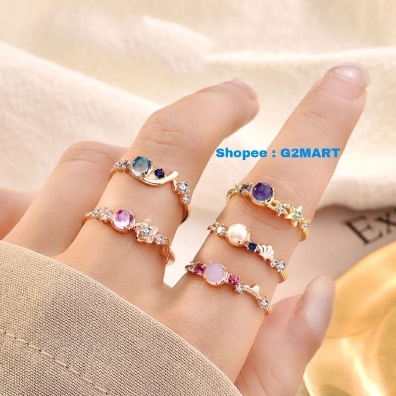 Cincin Batu Permata Kristal Wanita Adjustable / Mini Crystal Diamond Gold Ring / Cincin Rose Gold Sterling Silver Anti Karat