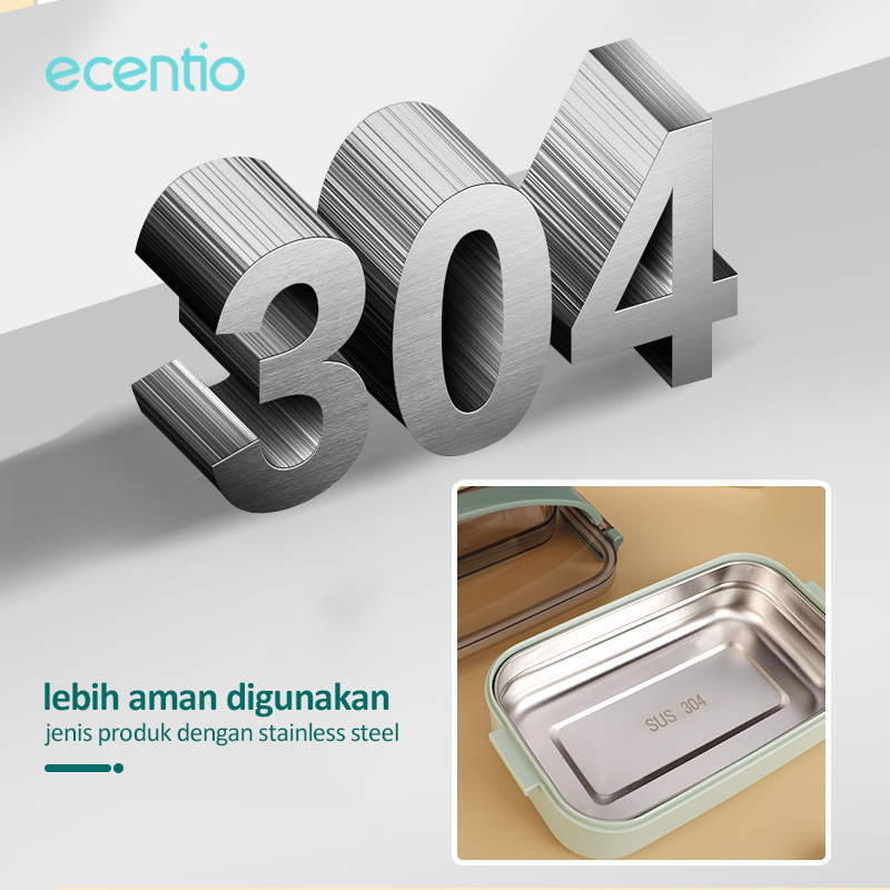 ecentio lunch box 2 susun stainless 304  anti tumpah tempat makan kotak 1200ml+180ml  with Mangkuk sup free sendok