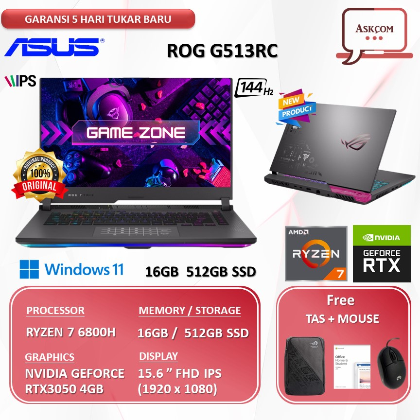 Laptop Gaming Asus Rog G513RC R735B7G-O RTX3050 4GB RYZEN 7 6800H RAM 16GB 512GB SSD OHS 15.6FHD 144HZ W11