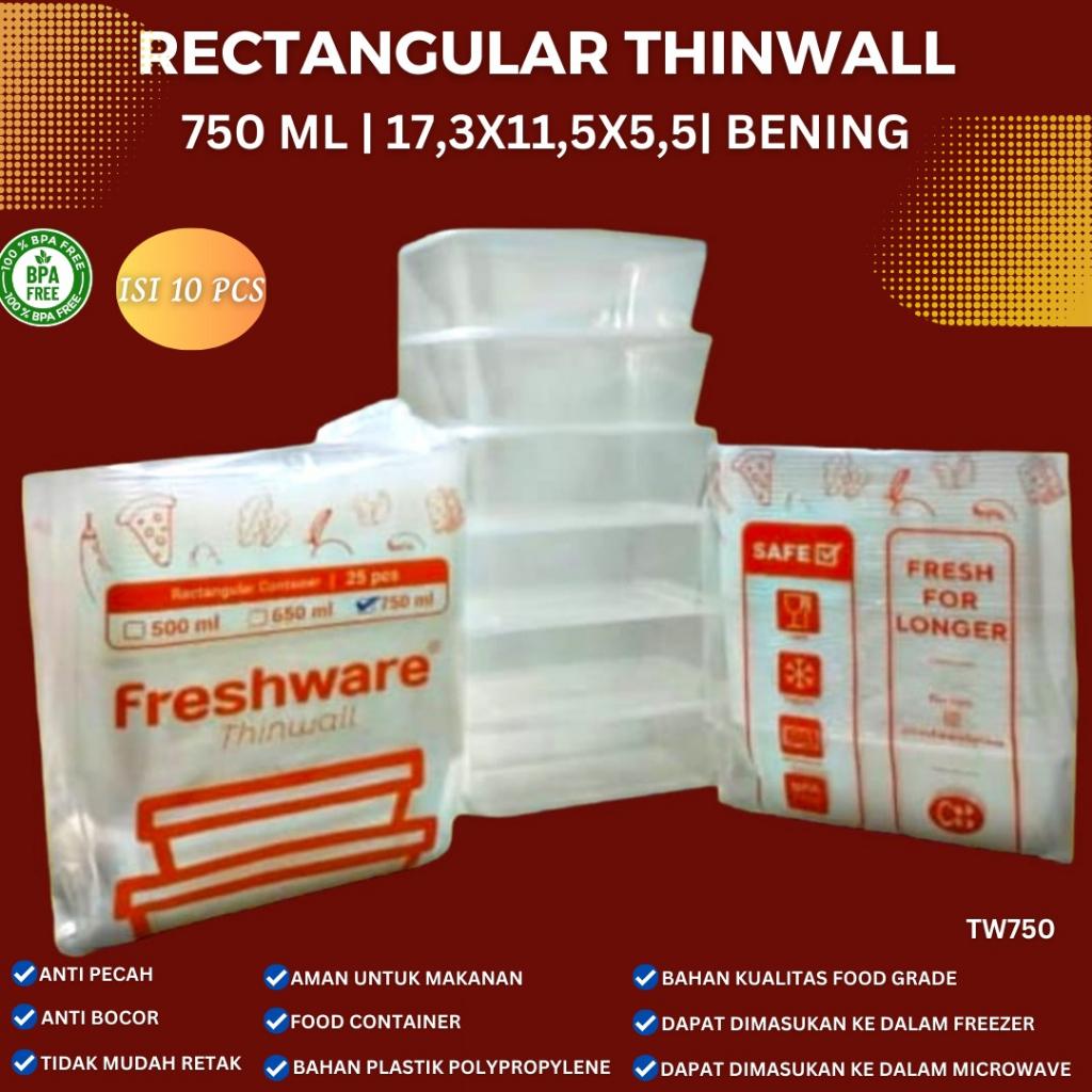 Thinwall Rectangle 750 Ml Food Container (Isi 10 pcs-TW750)