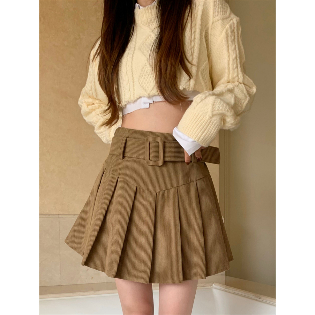 Korean Style Corduroy Rok Retro Hitam High Waist Vintage Skirt Mini