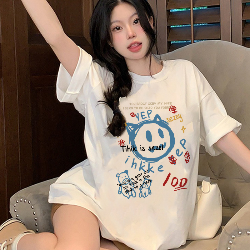 Print T-shirt Kaos Lengan Pendek Cartoon Blue Little Devil Baju Wanita Oversize Korean Style