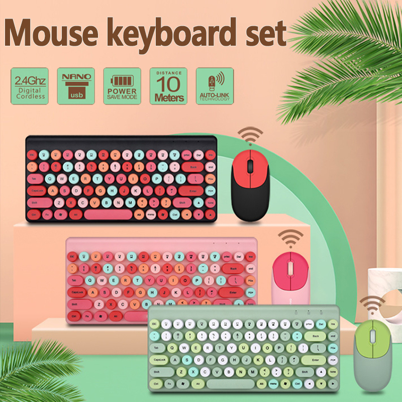 Sweet Wireless Keyboard Set Wireless Color Mixing Keyboard dan Mouse Set Cocok untuk Laptop PC Gaming Kantor Komputer Gaming