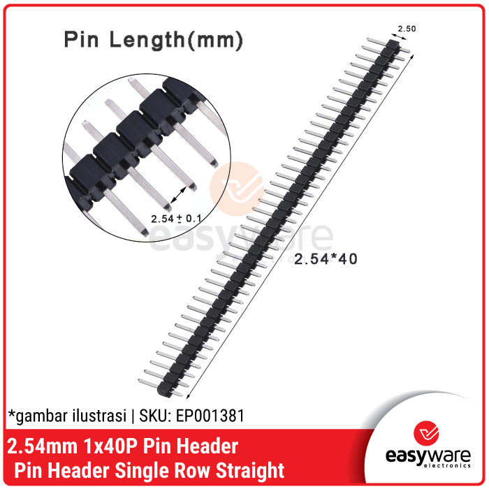 PIN HEADER MALE SINGLE ROW 1x40 PIN 2.54MM PITCH