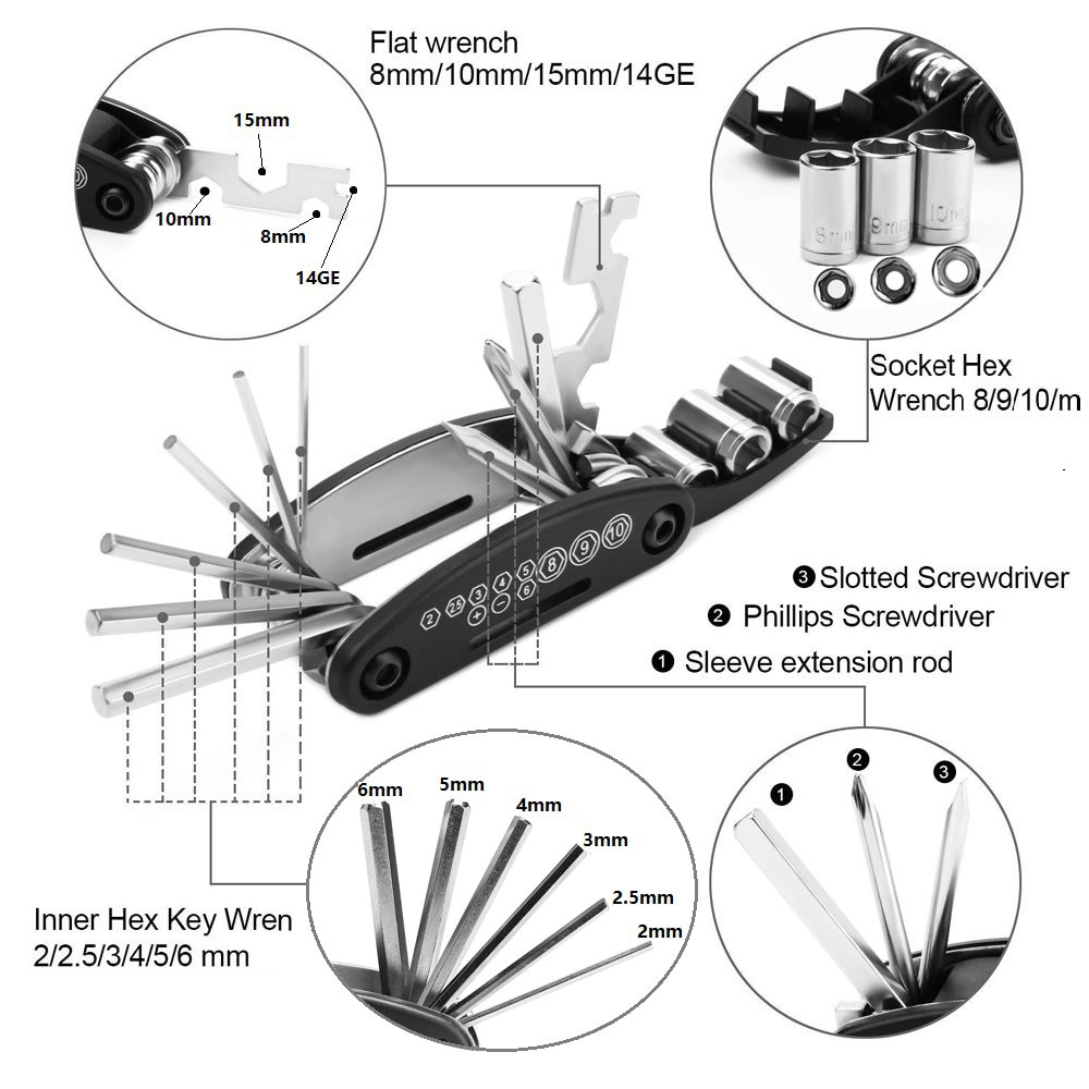 16 in 1 Kunci Shock Lipat mini Set Kunci Sepeda motor 16 Tools 16in1 Kunci 8 9 10 ring pas L Obeng