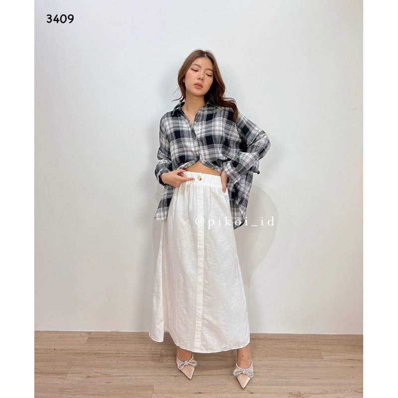 Baju oversize wanita kotak kotak / Loose Top Flanel / kemeja oversized ruffle flanel tartan hem 3409