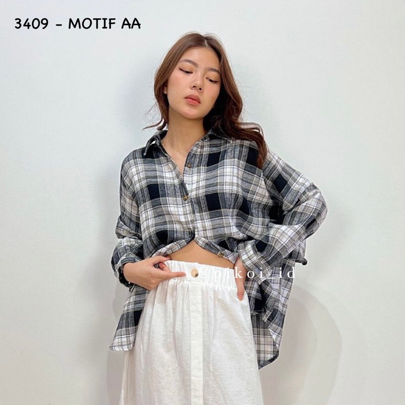 Baju oversize wanita kotak kotak / Loose Top Flanel / kemeja oversized ruffle flanel tartan hem 3409