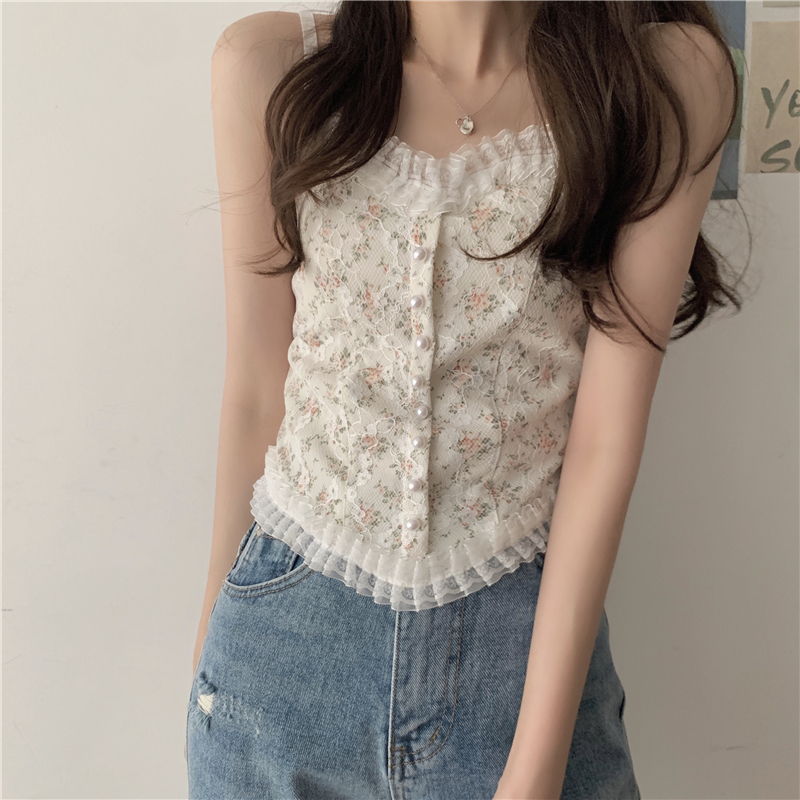 XiaoZhaiNv Tank Top Wanita Korean Style Renda Bordir Crop Top Sexy 0775