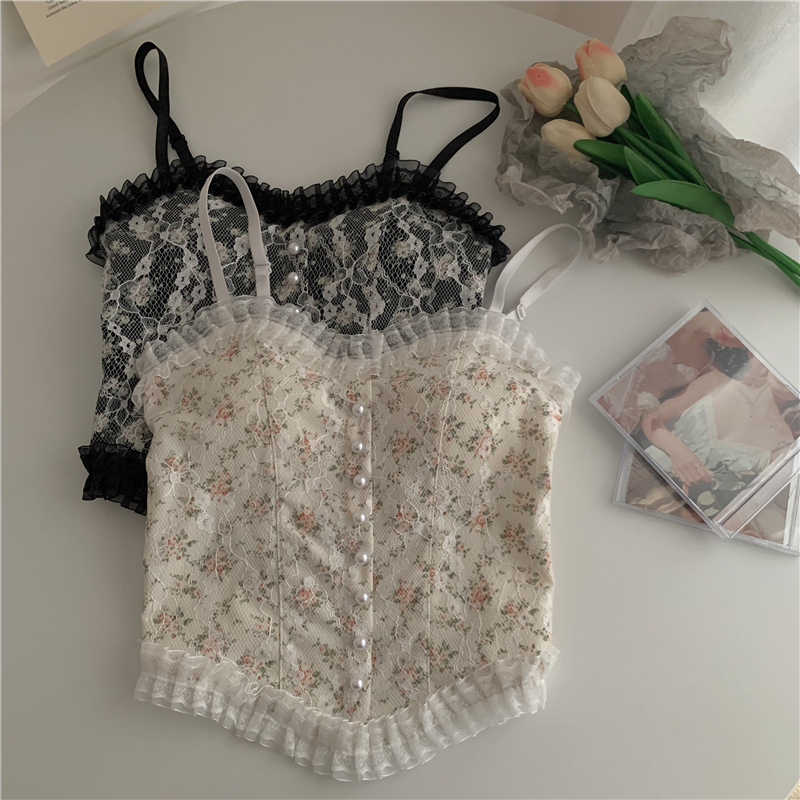 XiaoZhaiNv Tank Top Wanita Korean Style Renda Bordir Crop Top Sexy 0775