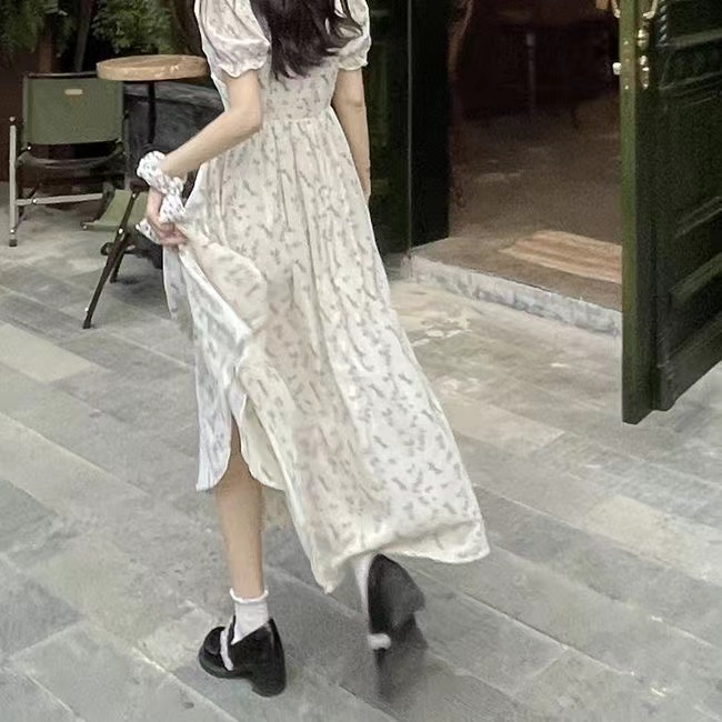 Nico##midi dress korea/Gaun Bunga Krim Wanita Musim Panas Lembut Prancis Lengan Gelembung Rok Sifon Rok Cinta Pertama