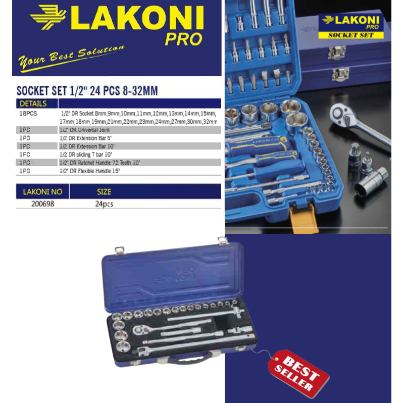 Lakoni Pro 200698 Kunci Sok Set 24 pcs / Socket Set 1/2&quot; 24pcs mata sock ukuran 8 s/d 32mm