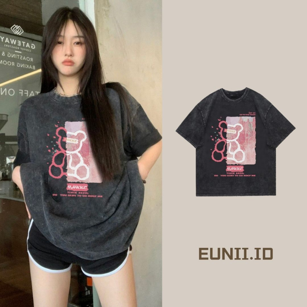 EUNII T-shirt Lengan Pendek Black Washed Cartoon Pink Bear Printing Korean Style/Kaos Atasan Wanita/Baju Wanita