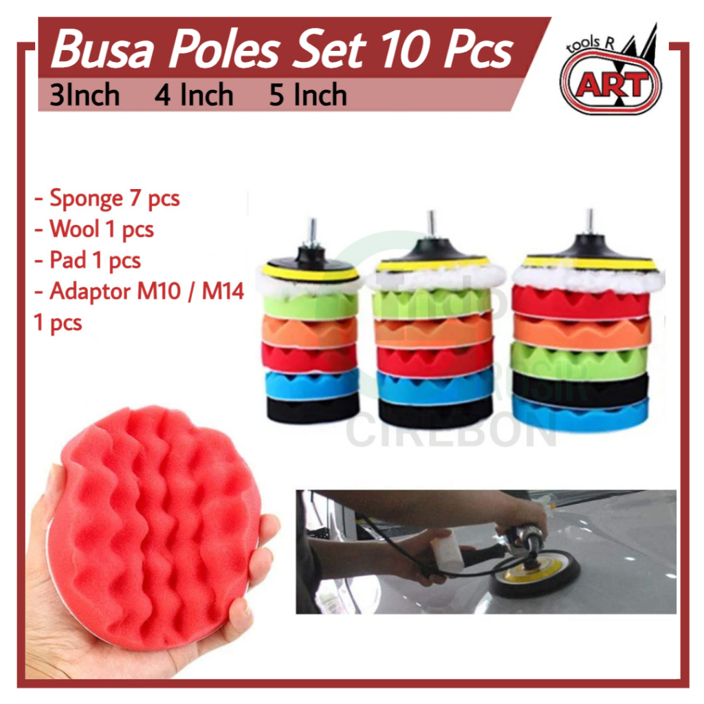 Busa Poles 3 4 5 Inch Set 10 PCS Sponge Polishing 3&quot; 4&quot; 5&quot; Pembersih Lap Mobil Motor Wool Sanding Pad Adaptor M10 M14 LUMOS ART