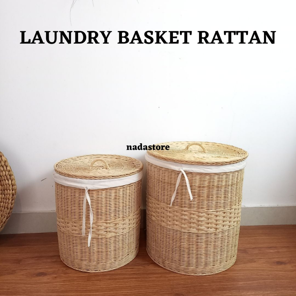 Keranjang Laundry / Keranjang Baju Kotor Dengan Tutup Dan Kain Serbaguna Anyaman Asli Bambu / Rotan