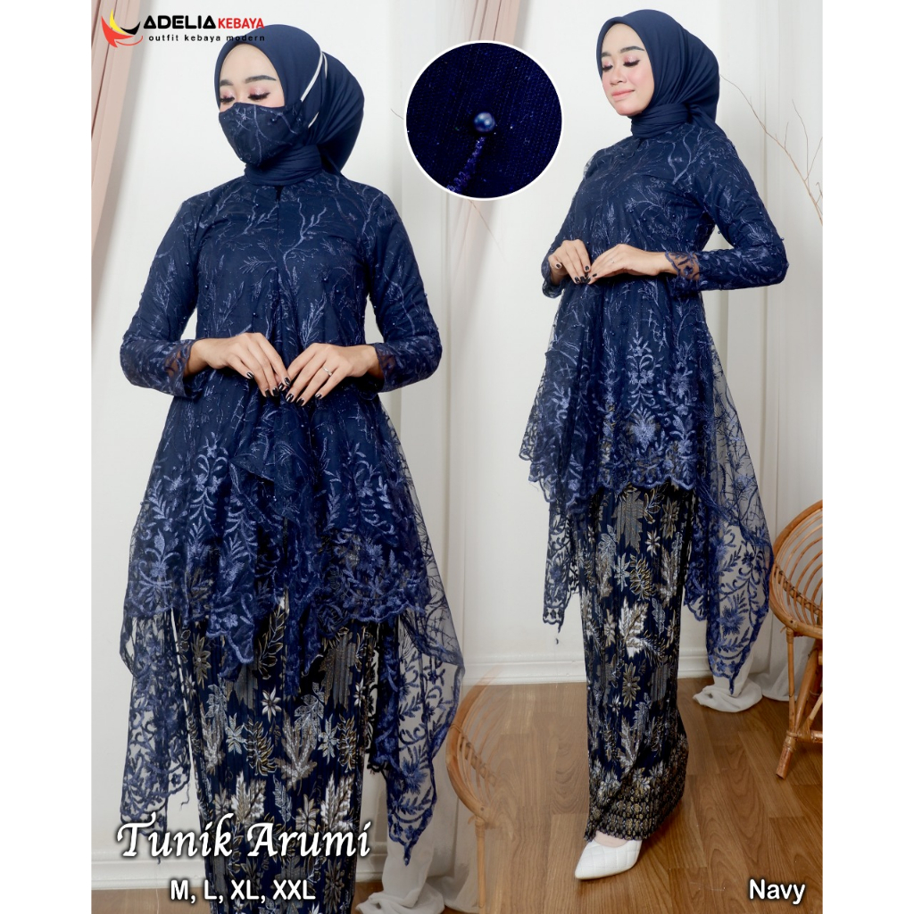 ( COD ) Setelan kebaya tunik arumi tulle - outfit kekinian - kebaya modern - motif elegan - bahan tulle bordir mutiara - pakaian pesta keluarga, wisuda, baju akad ataupun nikahan