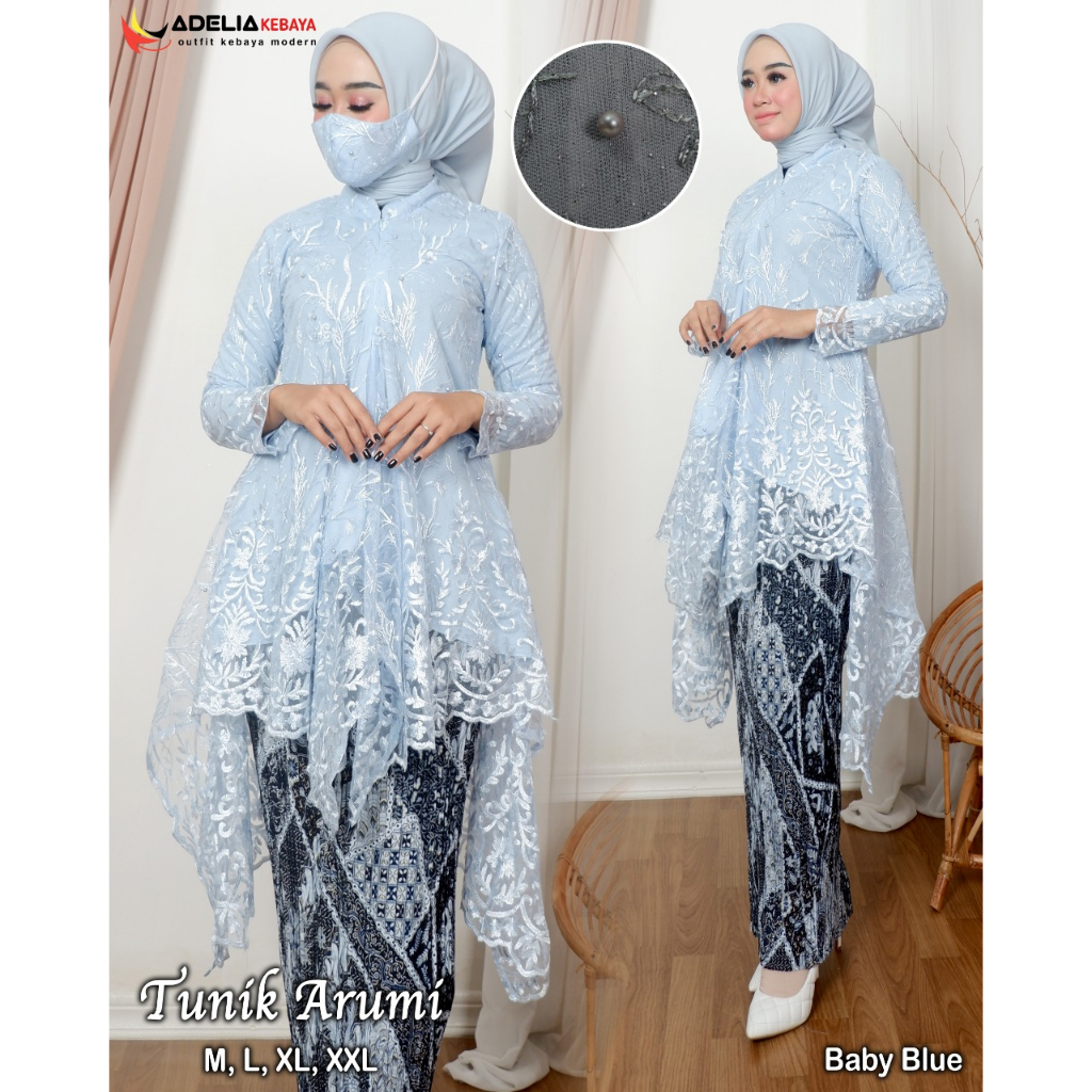 ( COD ) Setelan kebaya tunik arumi tulle - outfit kekinian - kebaya modern - motif elegan - bahan tulle bordir mutiara - pakaian pesta keluarga, wisuda, baju akad ataupun nikahan