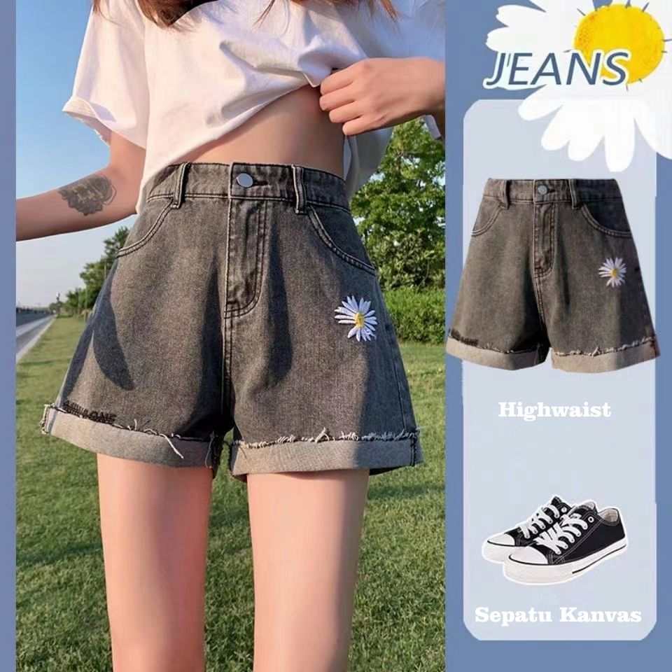 【wanita_id】Celana Pendek Wanita Bunga Daisy celana jins pendek korean style highwaist denim cewek fashion wanita