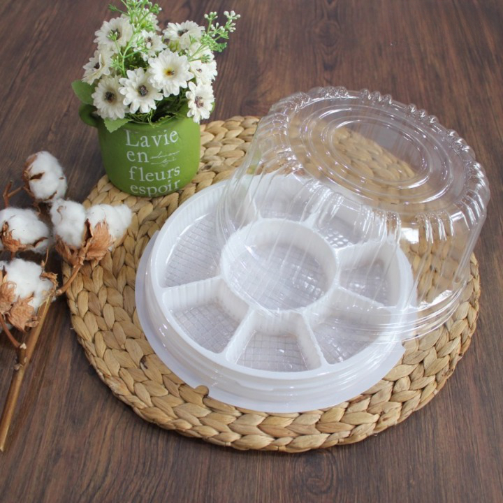 Mika Tumpeng Mini Ulang Tahun Sekat 8 Mika Cake Tray Bulat Diameter 20 cm Alas + Tutup Putih Isi 10 