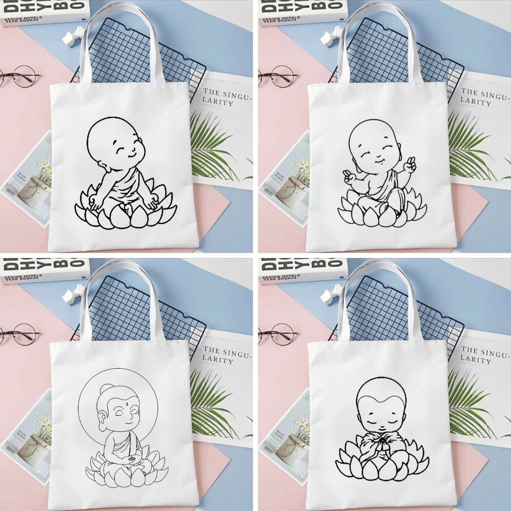 Tote Bag Buddha Coloring Waisak Vesak Day Lucu Aesthetic Kanvas Wanita Anak Sekolah Minggu Buddhist