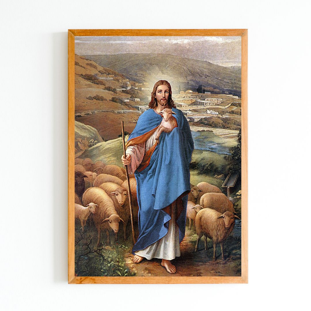 Poster Gambar Yesus Bersama Domba Pajangan Dinding Katolik Bingkai Kayu 3D