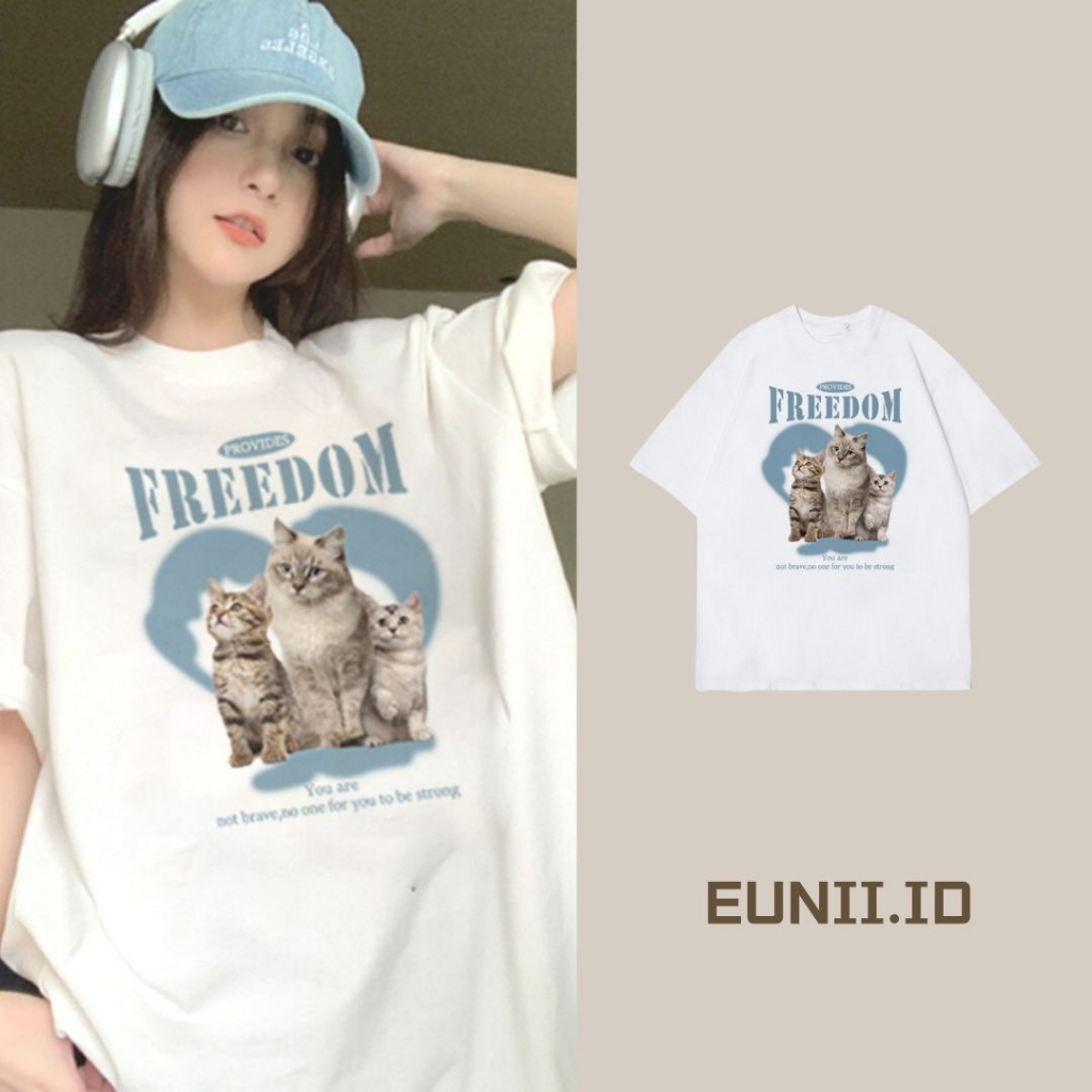 EUNII T-shirt Lengan Pendek Cartoon Blue Heart Cat Printing Korean Style/Kaos Atasan Wanita/Baju Wanita/Kaos Wanita