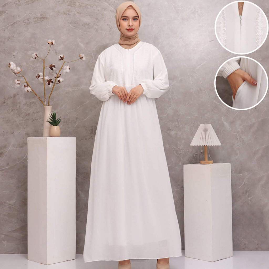 KKUM OFFICIAL Gamis Putih JUMBO Baju Lebaran Umroh Haji Busana Muslim Hijab Dress Brukat AGNES Wanita Terbaru