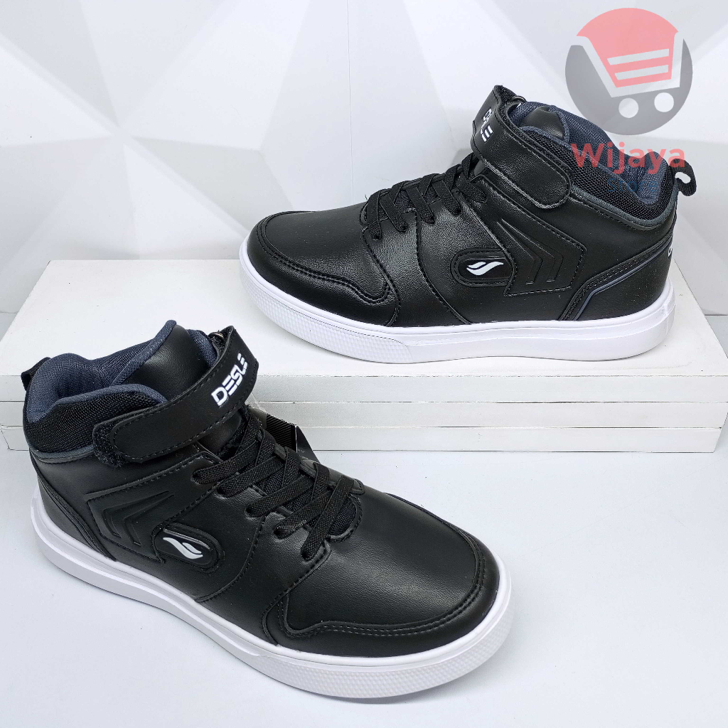 Sepatu Sekolah Desle 34-37 Sneaker Anak Boot Tinggi Hitam Polos Putih Bahan Kulit Sintetis Premium Strap Velcro CALVIN LUTHER KEVIN COSTNER