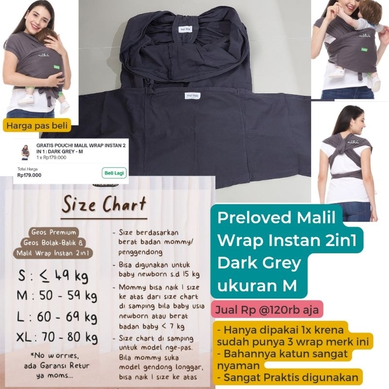 Gendongan Kaos Geos Malil Wrap Instan 2in1 Malilkids Dark Grey size M