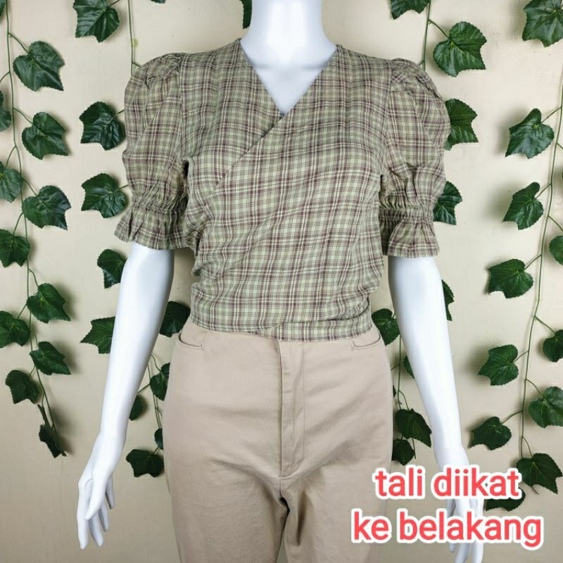 Pr el ov ed P❤️ Mantan Bukan Baru GN9 Handbook atasan blouse blus wanita kimono katun hijau kotak co