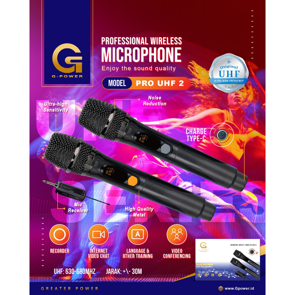 Mic Wireless PRO UHF 2 microphone wireless G-Power dapat dua Mic baterai cas Original termurah