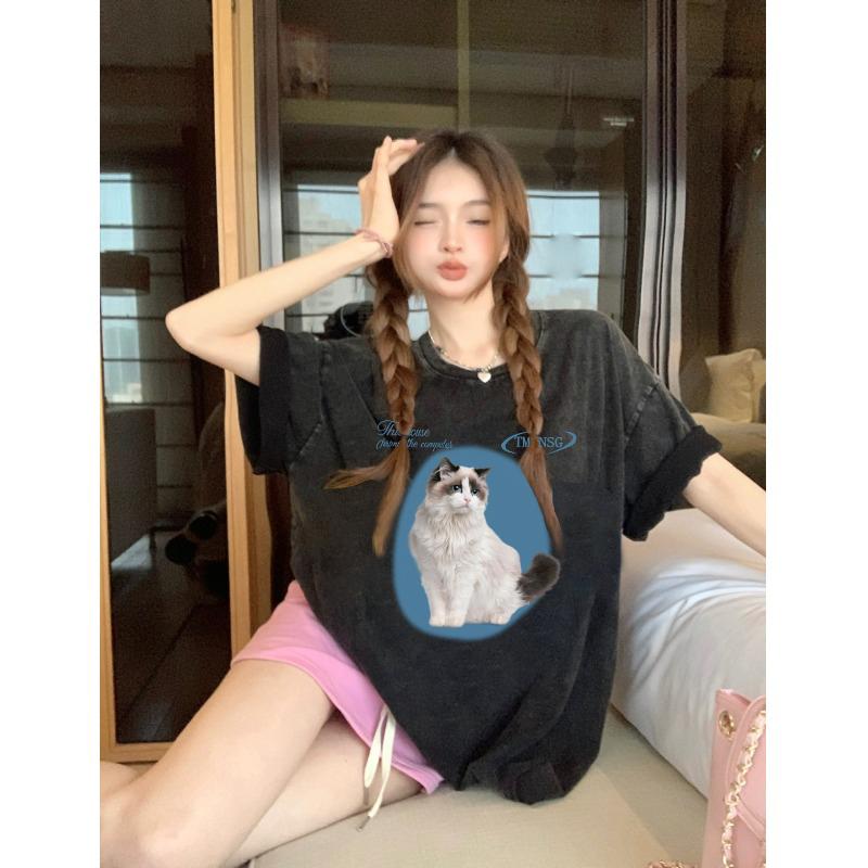 EUNII T-shirt Lengan Pendek Black Washed Cute Cat Printing Korean Style/Kaos Atasan Wanita/Baju Wanita/Kaos Wanita