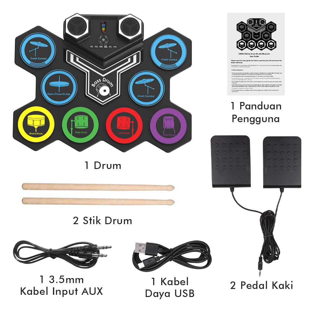 Rixton Portable Electronic Drum Pad Roll Up Digital Drum dengan Built-in Speaker Mendukung Fungsi MIDI