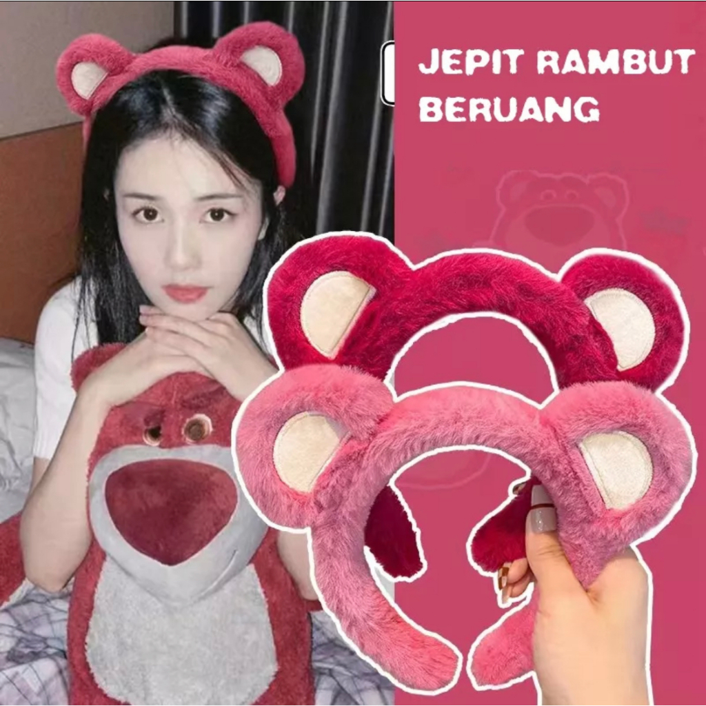 COD✨Bando Karakter Telinga Bear Lucu Korea Headband Bandana Ikat Kepala Cuci Muka Wanita Beruang Stroberi Mewah Ikat Kepala Jepit-Yinmer