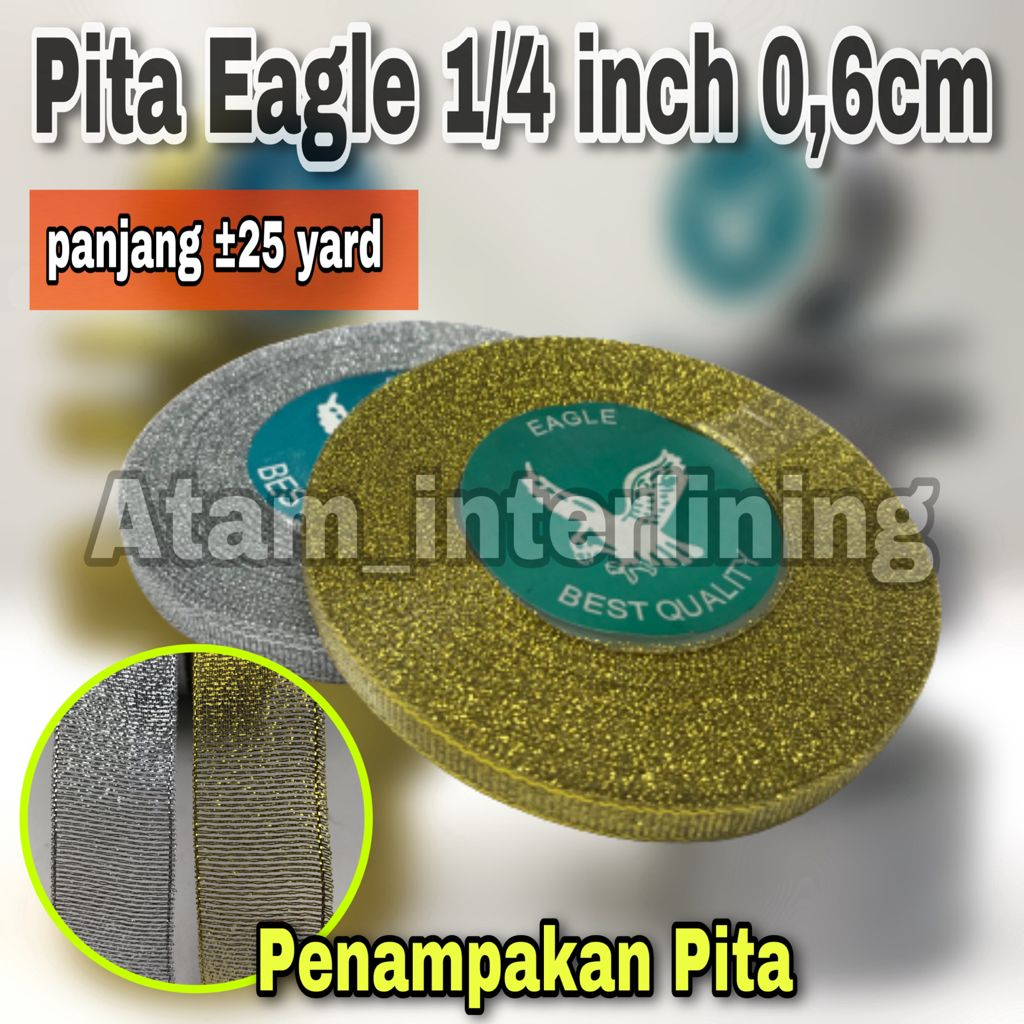 

Pita Gliter 1/4 inch atau 0,6cm EAGLE gold silver emas perak berbagai ukuran roll | Pita metalik KADO PARCEL HAMPERS 0,6cm 1/4 inch inc in