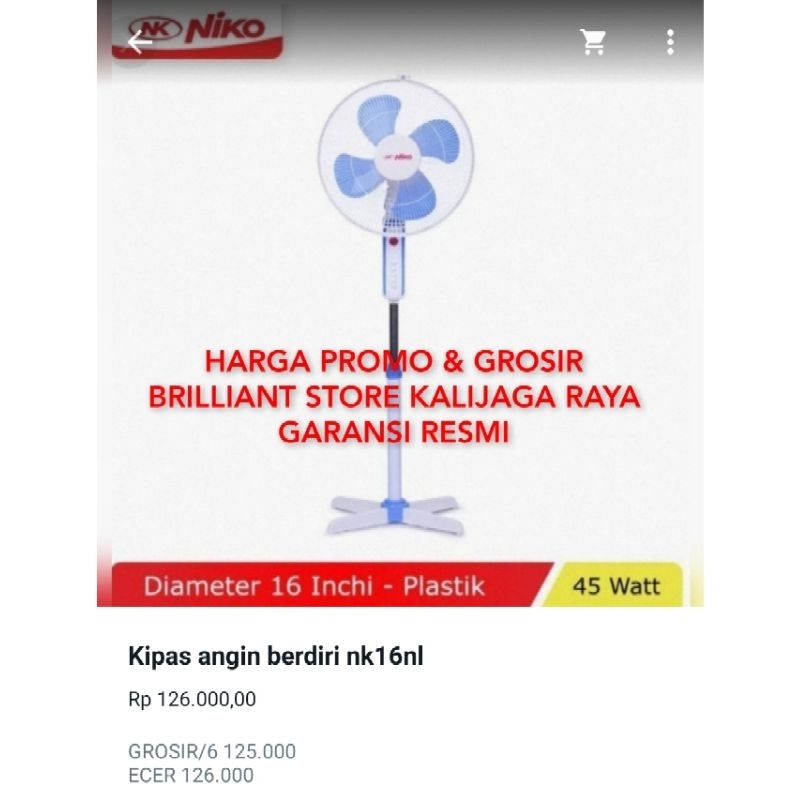kipas angin Niko berdiri 16&quot; NK16NL/go shop brilliant store Kalijaga raya