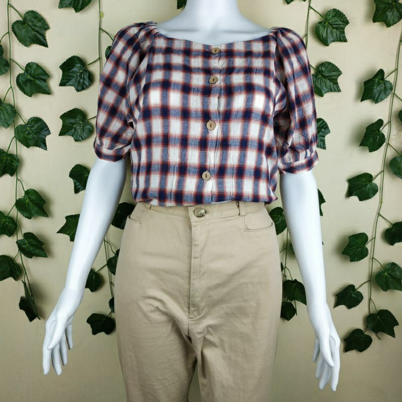 Pr el ov ed P❤️ Mantan Bukan Baru BE35 blouse blus atasan wanita navy denim krem merah katun size M 