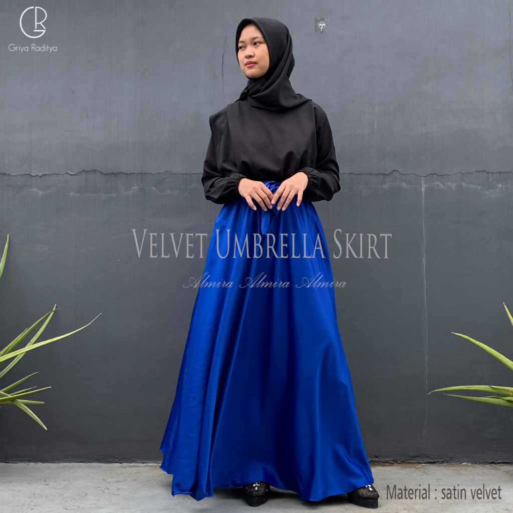 Rok Satin Panjang Payung Lebar Syari Kondangan Velvet Umbrella Skirt Almira Panjang 100cm