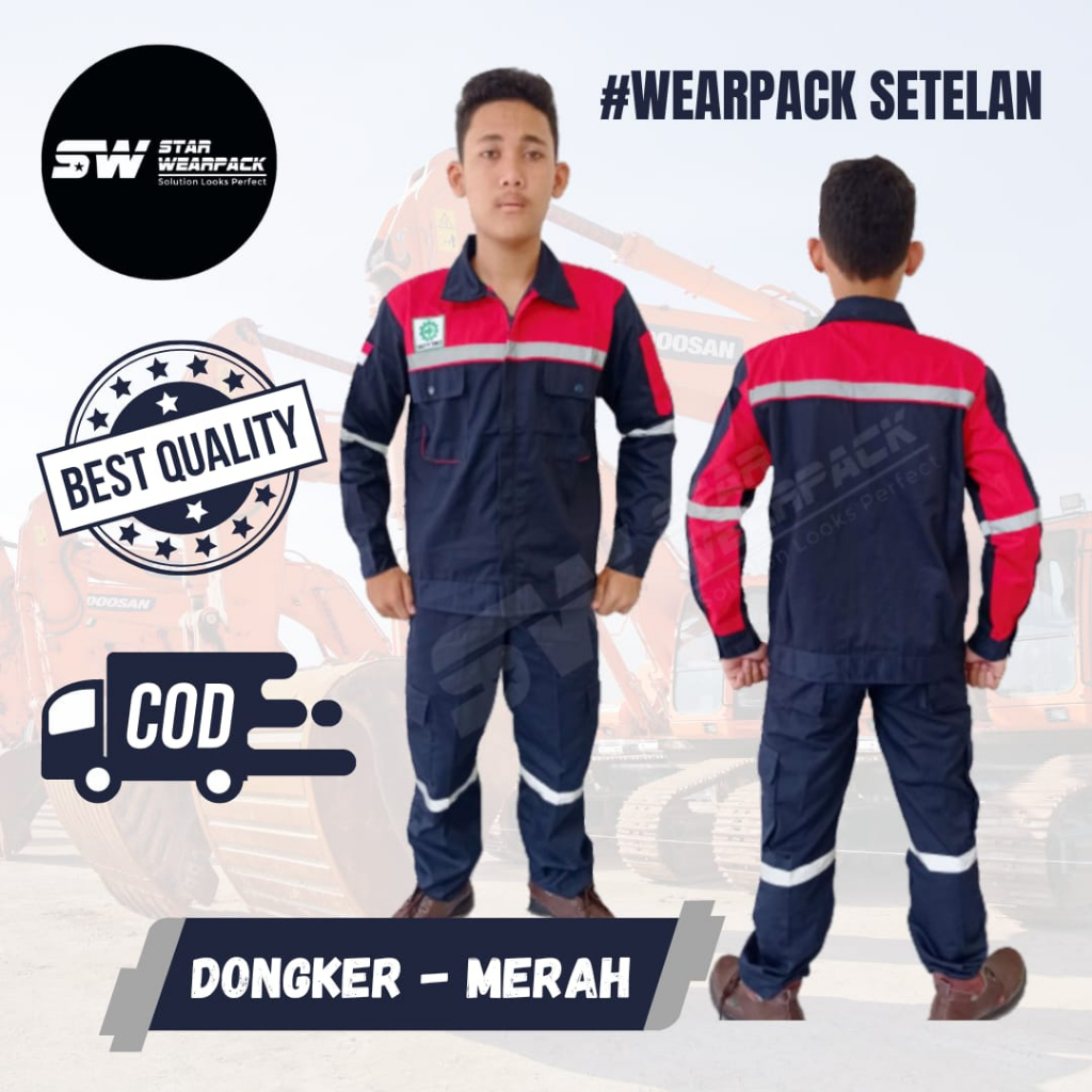 Star Wearpack - Baju Kerja Proyek Setelan Baju &amp; Celana Warna Dongker Kombinasi Merah