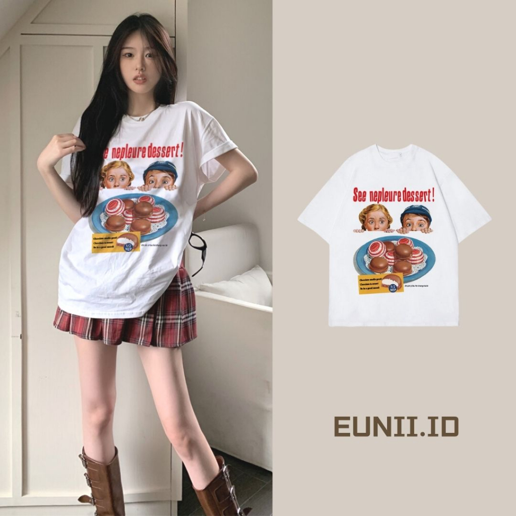 EUNII T-shirt Lengan Pendek Cartoon Dessert Printing Korean Style/Kaos Atasan Wanita/Baju Wanita/Kaos Wanita