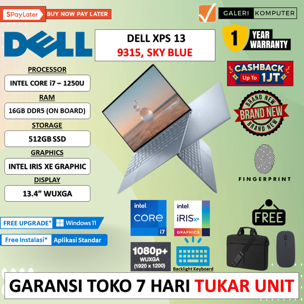 PROMO LAPTOP DELL XPS 9315 INTEL CORE i7 - 1250U 16GB 512GB SSD INTEL IRIS XE WINDOWS 11 PRO