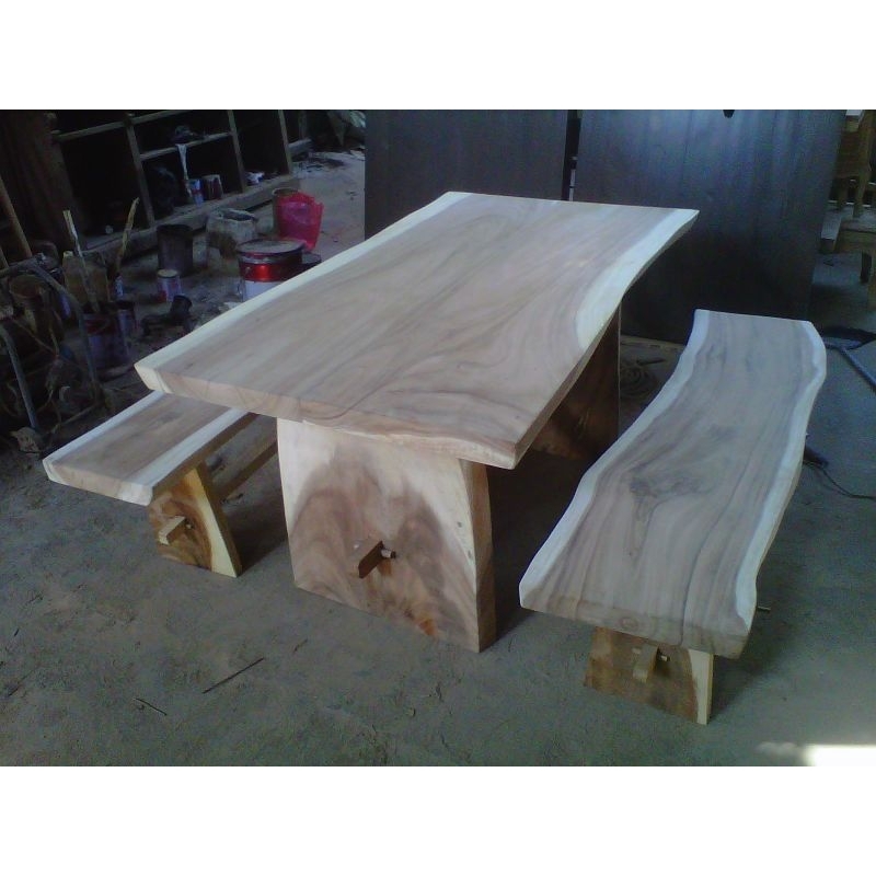 Meja Trembesi 150 x 80 tbl 6 cm + 2 bh Bangku KMM 011M (daun meja 1 sambungan)