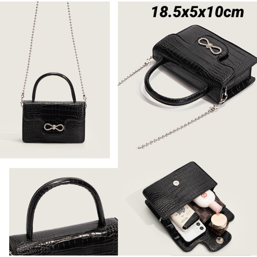 FT74 Tas Wanita Kulit Bahu selempang pesta mutiara hitam 18.5 x 5 x 10 cm