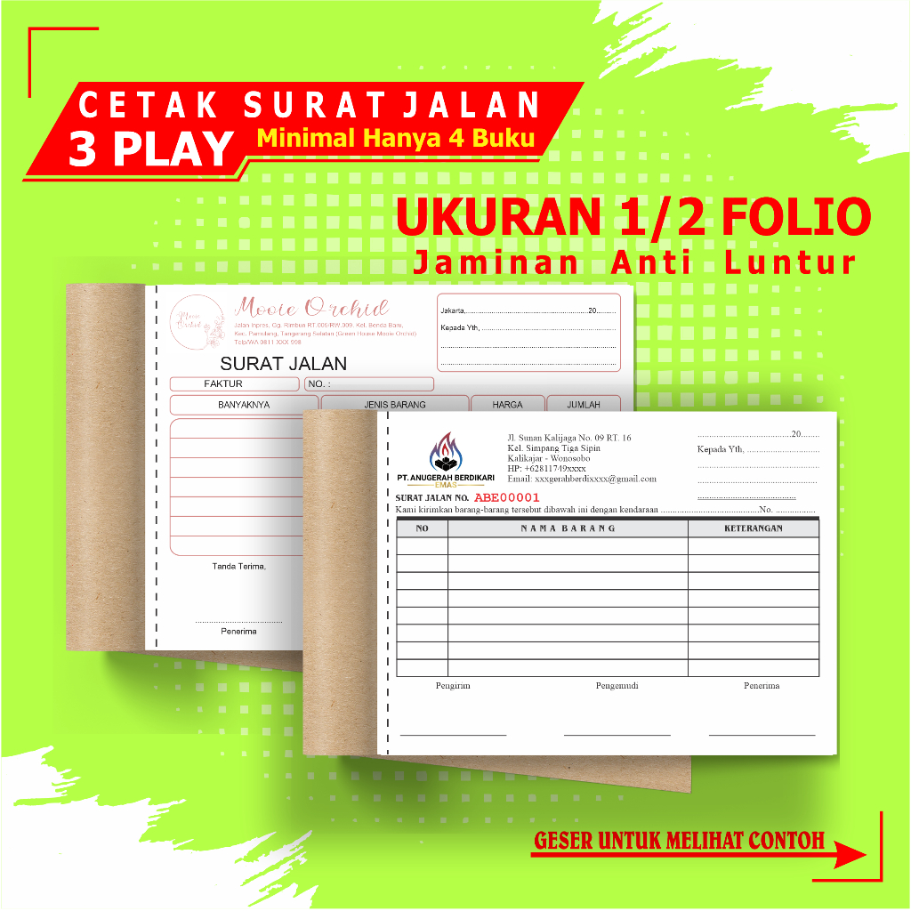 

Cetak surat jalan custom 3 PLY 1/2 FOLIO / KWITANSI 3 PLAY / SURAT JALAN CUSTOM 3 PLAY ( BEBAS DESAIN )